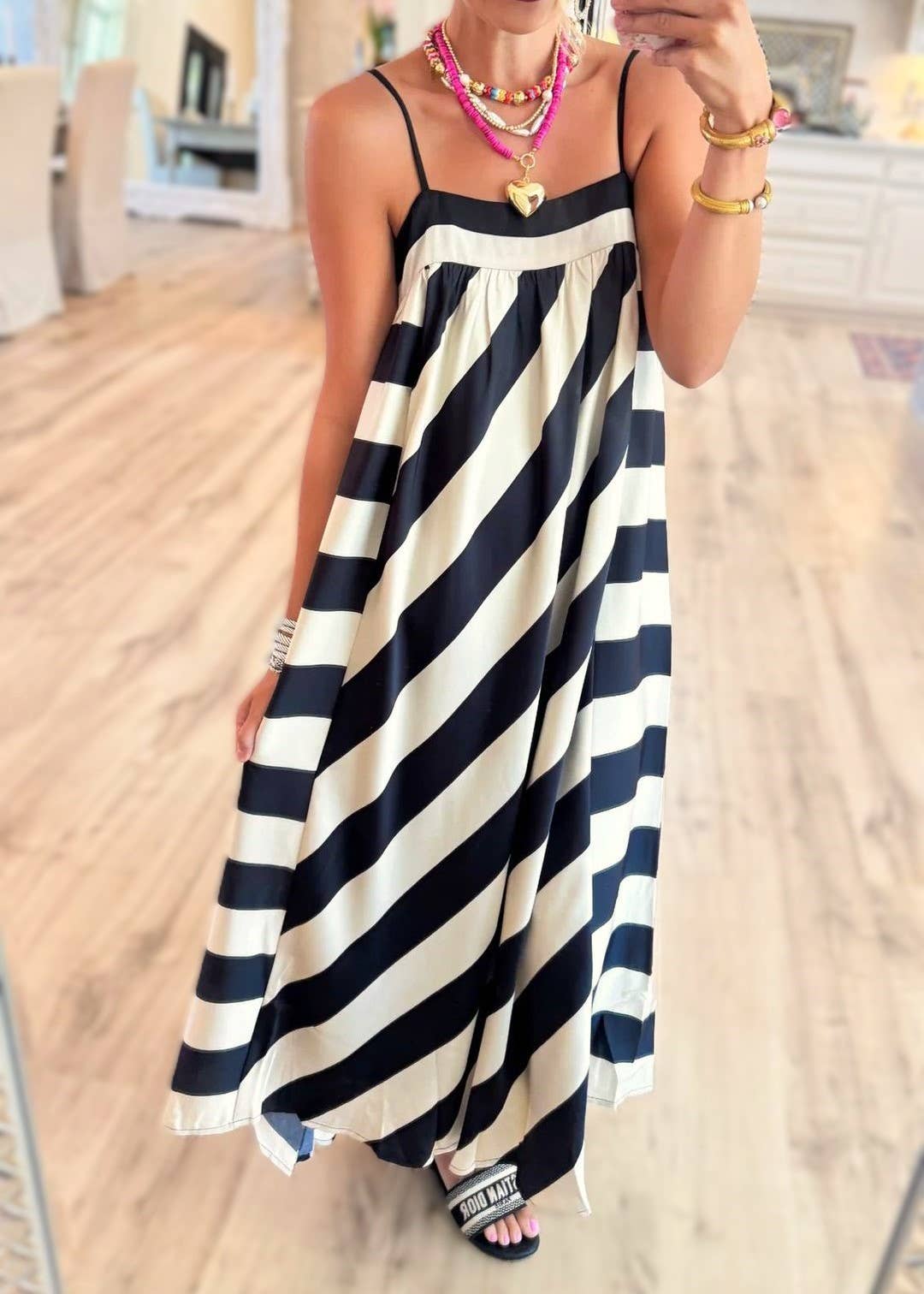 Boho Summer Chic Cream/Black Stripes Maxi Dress-1