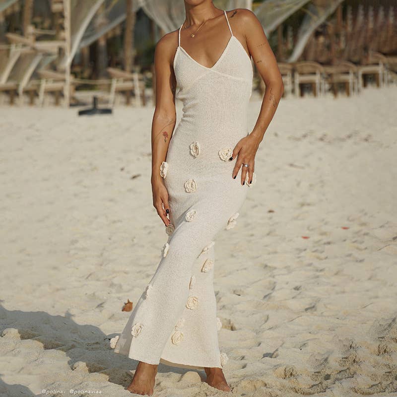 3D Floral Knitted Maxi Backless Dress: Brown-2