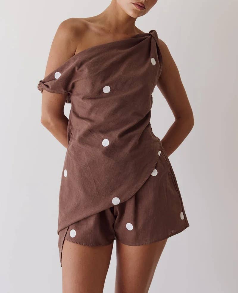 Polka Dot One-Shoulder Top And Shorts Two-Piece Set